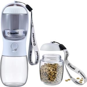 Dog Water Bottle with Food Container, Travel Puppy Water Bowl, Portable Pet Dispenser, Dog Stuff Accessories Items, Puppy Essentials Necessities for Yorkie Chihuahua Cat Walking and Hiking (10oz, #09 White)