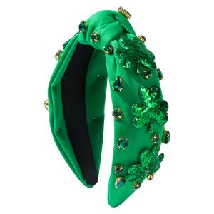 St.Patrick's Day Headband for Women Green Sequins Shamrock Knotted Headbands Rhinestone Crystal Lucky Leaf Embellished Wide Top Knot Headbands St.Patrick's Day Accessories (1 Count)