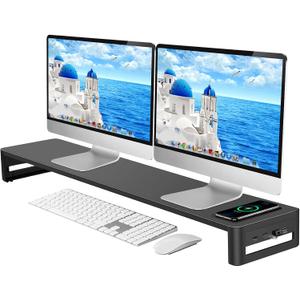 EAXBUX Dual Monitor Stand with Wireless Charging and 4 USB 3.0 Ports, Steel Monitor Stands for 2 Monitors, Metal Computer Stand Riser for Desk, Office, Laptop, PC up to 32 Inches (Black)
