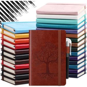 Estune Tree Small Notebooks Pen Leather Lined Pocket Subject Notebooks Hardcover Pocket Notepad Cute Ruled Leather Journals with Pen Holder for Men Women School Business, A6(Stylish Color,30 Set)