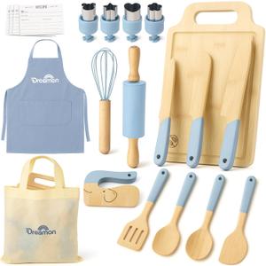 29 PCS Wooden Kids Cooking Set, Toddler Montessori Cooking & Baking Kitchen Tools for Real Cooking, 3 Knifes, Real Cutting Board, Apron, Kid Safe Kitchen Utensils for 3+ Year Old Boys Girls Gift