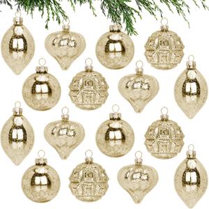 16 Pcs Champagne Mercury Glass Christmas Ball Ornaments Set, Assorted 2.6''-3.3'' Hanging Baubles for Christmas Tree, Vintage Decorations for Winter Holiday Xmas Tree Decor