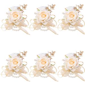 Meldel Champagne Prom Flower Wrist Corsage for Wedding, Set of 6, Rose Wrist Flower for Mother of Bride and Groom , Bride Bridesmaid Girl Women Party, Homecoming Ceremony Anniversary