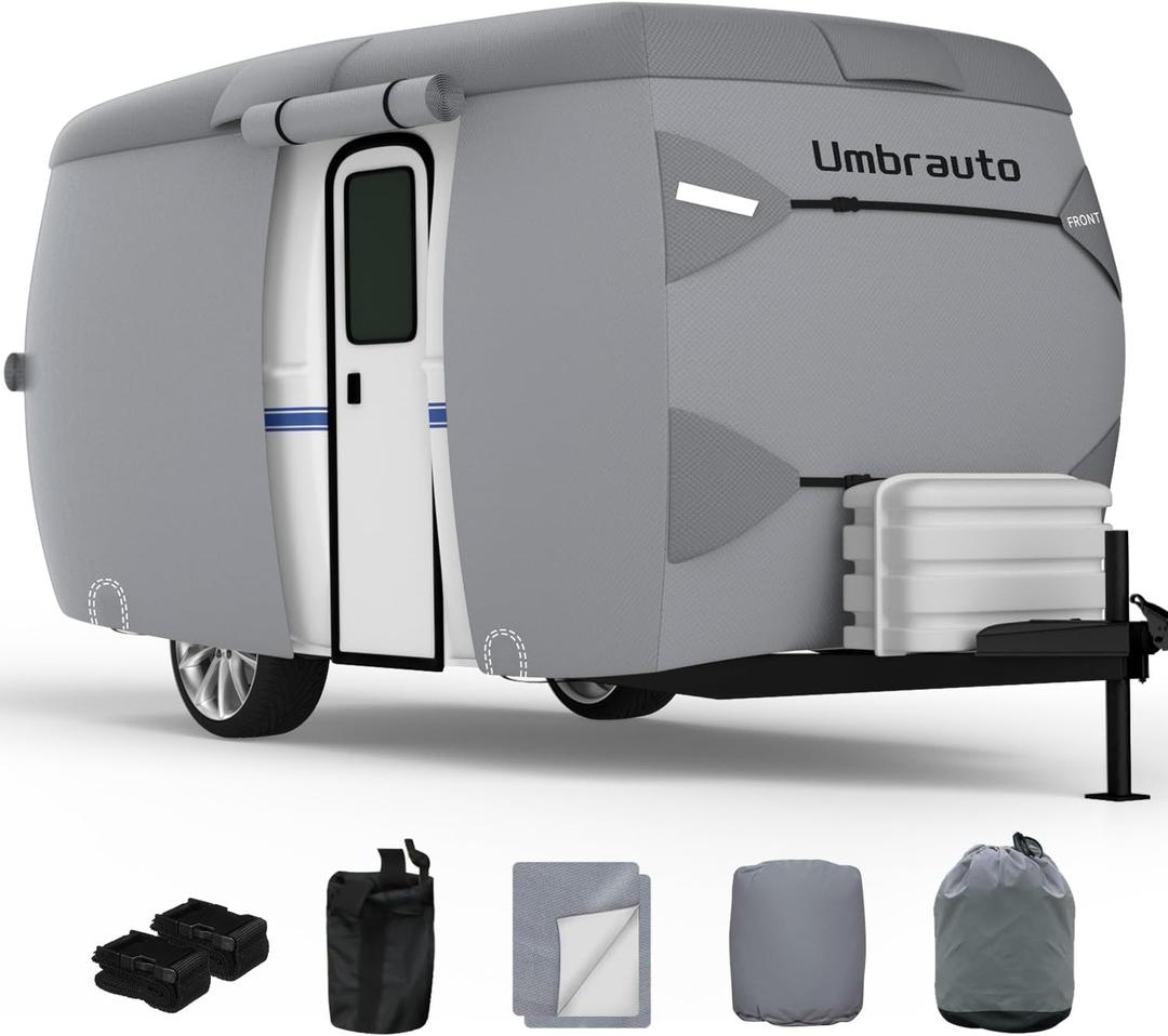 Umbrauto Fiberglass Travel Trailer Cover Fits 8'-10' Trailers, 2023 Upgraded 7 Layers Top Camper RV Cover with Windproof Strap,Adhesive Repair Patches