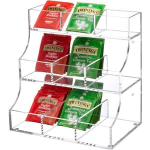 MyGift 3 Tier Premium Clear Acrylic Modern Tea Bag Organizer Holder for Countertops, Wall Mountable Teabag Storage Rack for Kitchen, Coffee Station