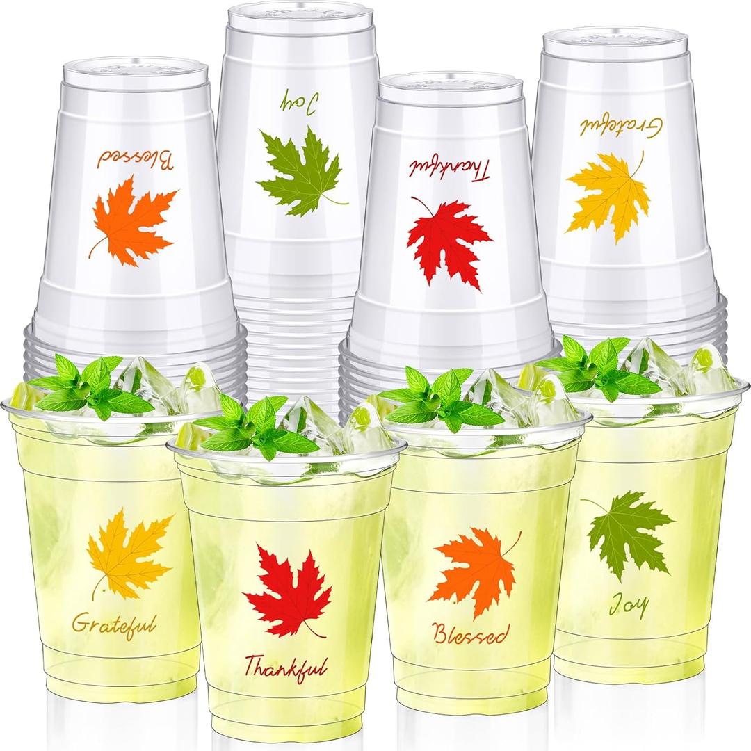 Sliner 48 Pcs 12oz Fall Thanksgiving Disposable Clear Plastic Cups Bulk Maple Leaves Drinking Cup for Friendsgiving Harvest Party Hot Cold Water Juice Tea Beverage Home Office Supplies