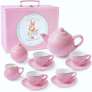 Jewelkeeper Tea Set for Little Girls - 14-Piece Porcelain Tea Party Set for Children Includes Teapot, Cups, Saucers, Creamer, and Sugar Bowl - Pink Polka Dot Design