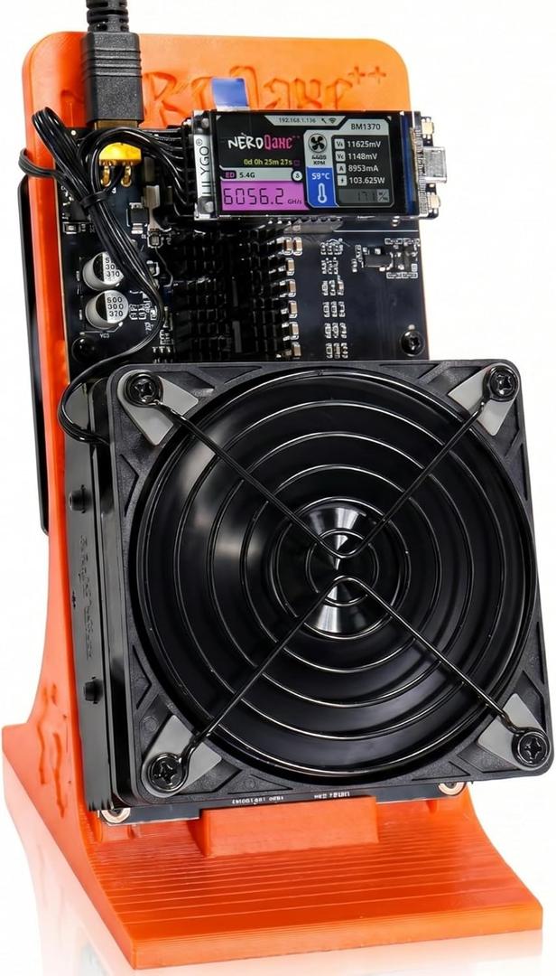 NerdQaxe++ Rev 6.1 Bitcoin Miner, 6 TH/s, Orange Stand | 100W Low Power Consumption, Dual Front-Rear Silent Fans, Open-Source, PSU Included, Solo Lottery Miner
