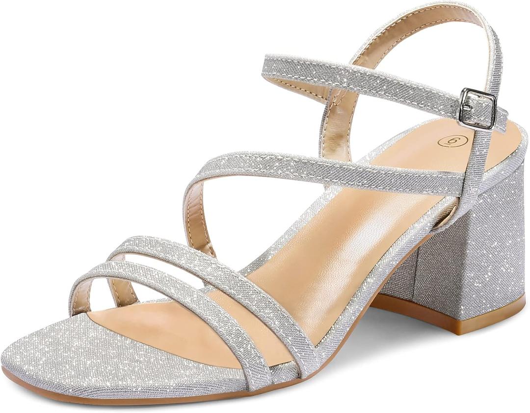 mysoft Women's Strappy Low Chunky Block Heel Sandals Open Toe Dress Shoes (7)