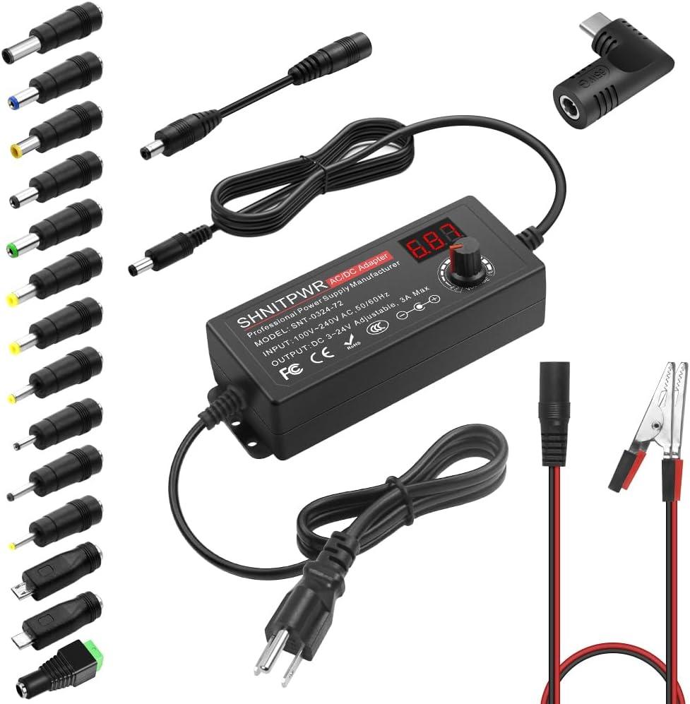 SHNITPWR 72W universal Power Supply Adjustable DC 3V ~ 24V 3A AC/DC Adapter with USB C Charger PD 65W Upgraded 100V-240V AC to DC Converter Variable Power Adapter, 14 Tips, Alligator Clips Power Cable (Pro)