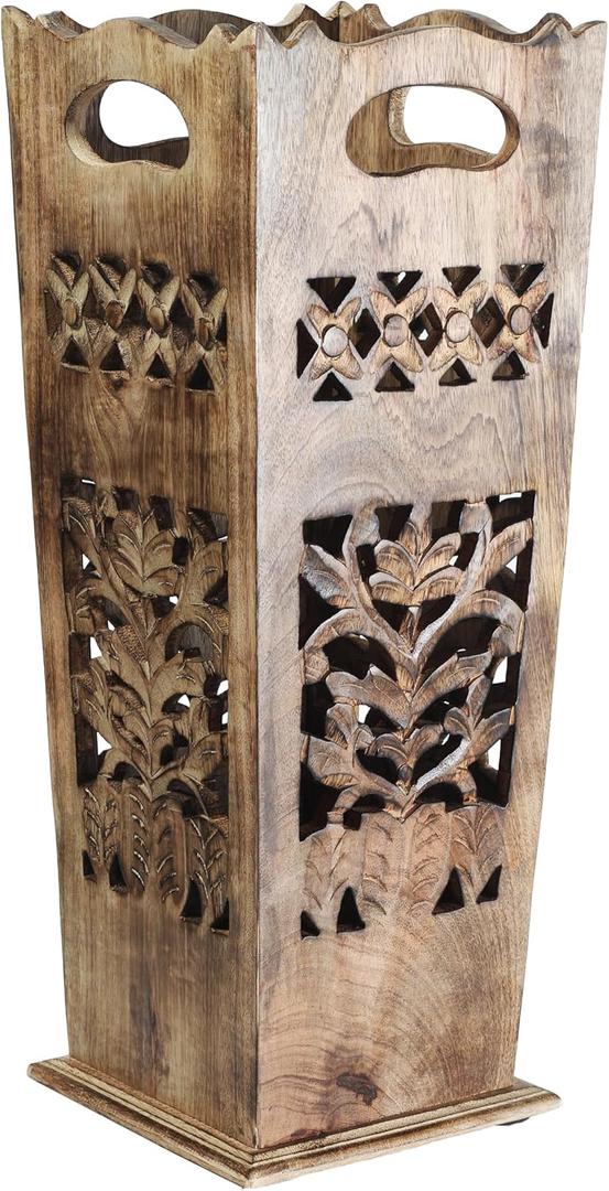 Hand-Carved Wooden Umbrella Stand & Walking Cane Holder | 21 Inch Tall Decorative Umbrella Rack for Entryway, Home & Office | Rustic Floor Storage Organizer