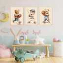 3 Pcs Nursery Bear Wall Art Boys Sports Canvas Wall Decor Vintage Cute Animal Poster Prints Kids Room Painting Pictures for Living Room Bedroom (16x24in Poster) (16L" x24W")