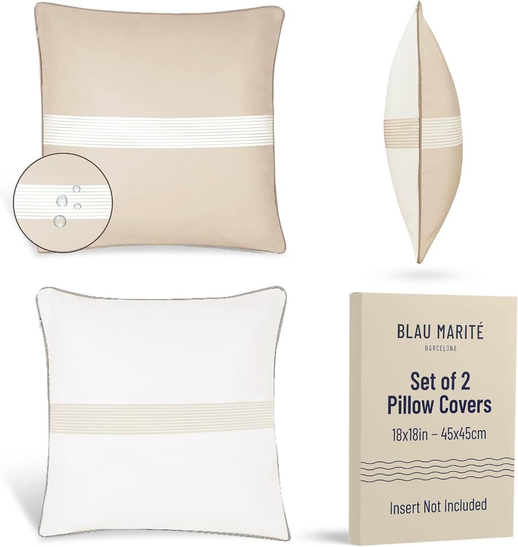 Set of 2 Outdoor Pillow Covers Waterproof - Decorative Patio Throw Pillows Cover for Outdoor Furniture - Accent Pillow for Porch, Garden, Deck & Backyard (Beige and White,18" x 18")