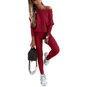 CHICME 2 Piece Lounge Outfit Long Sleeve Knit Pullover Tops Drawstring Pants Set Tracksuit Sweatsuit (Large, Wine Red)