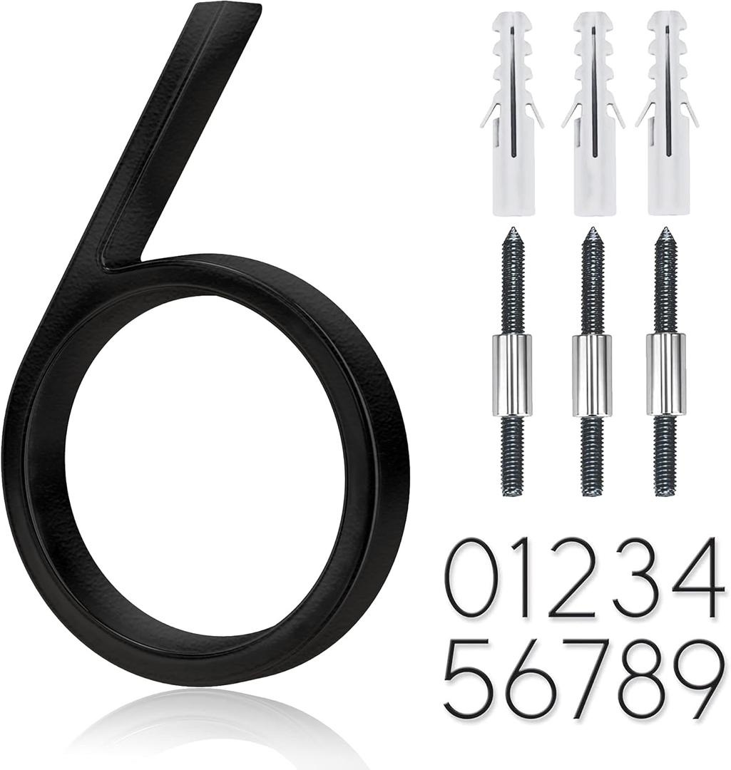 5" Stainless Steel Floating House Number, Metal Modern House Numbers, Mailbox Decor Number with Nail Kit, Coated Black, 911 Visibility Signage (6) or (9)