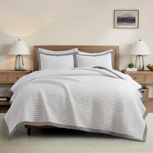 Bonlino White Quilt Set Oversized King Size - Farmhouse Soft Striped Stitch Bedding Bedspread Coverlet Summer Lightweight Quilt Bed Sets with 2 Pillow Shams for Home All Season with Grey Border
