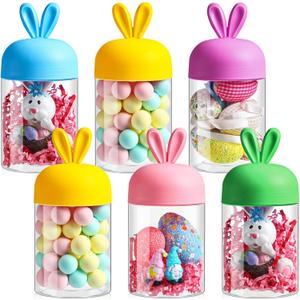 Mimorou 6 Pcs Easter Plastic Jar with Bunny Ear Cap Clear Candy Jar Easter Decorations Food Storage Canister for Party Gift Chocolate Candy Sweets Mini Eggs Table Decoration (5 Color)