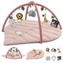 Blissful Diary Baby Play Gym & Activity Mat, Oversize Leaf Shaped Tummy Time Baby Play Mat w 6 Detachable Toys Promotes Motor Skills & Sensory Development, Newborn Infant Essentials Gift, Crystal Pink