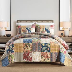 Cotton Bedspread Quilt Sets Reversible Bedding Coverlet Sets 3 Pieces Gorgeous Rustic Vintage Floral Red Yellow Patchwork Bedspread, Queen Size Cotton Bedspread Quilt Sets Reversible Bedding Coverlet Sets 3 Pieces Gorgeous Rustic Vintage Floral Red Yellow Patchwork Bedspread, Queen Size