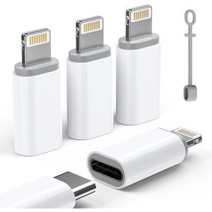 MFi Certified USB C to Lightning Adapter 4-Pack, 27W Fast Charging & Data Sync, Lightning to USB Type C Cable Adapter Compatible with iPhone 14/13/12/Pro/Max, iPad, AirPods, with Anti-Loss Lanyard (White)