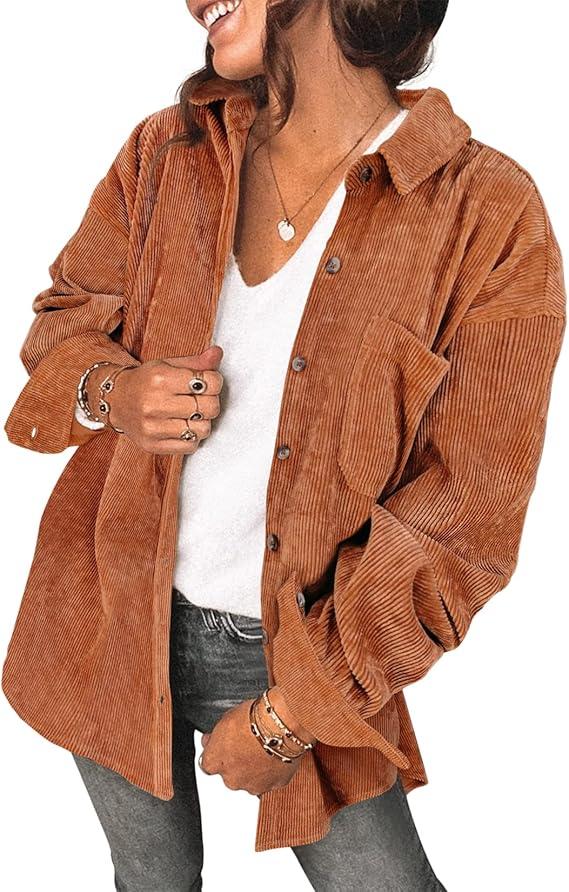 Saslax Womens Corduroy Shirt Long Sleeve Oversized Button Up V Neck Blouses Tops Loose Shacket Jacket, L