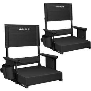 VIVOHOME Height Adjustable High Back Stadium Seats with Back Support and Cushion, 2 Pack Portable Bleacher Chairs with Cup Holder and Shoulder Strap, Black
