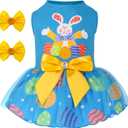 cyeollo Dog Easter Dress, Cute Doggie Easter Outfit, Breathable Bunny Egg Print Dog Clothes, Comfy Doggie Tulle Skirt, Pullover Holiday Pet Apparel with Bowtie for Dogs Girl, Blue L