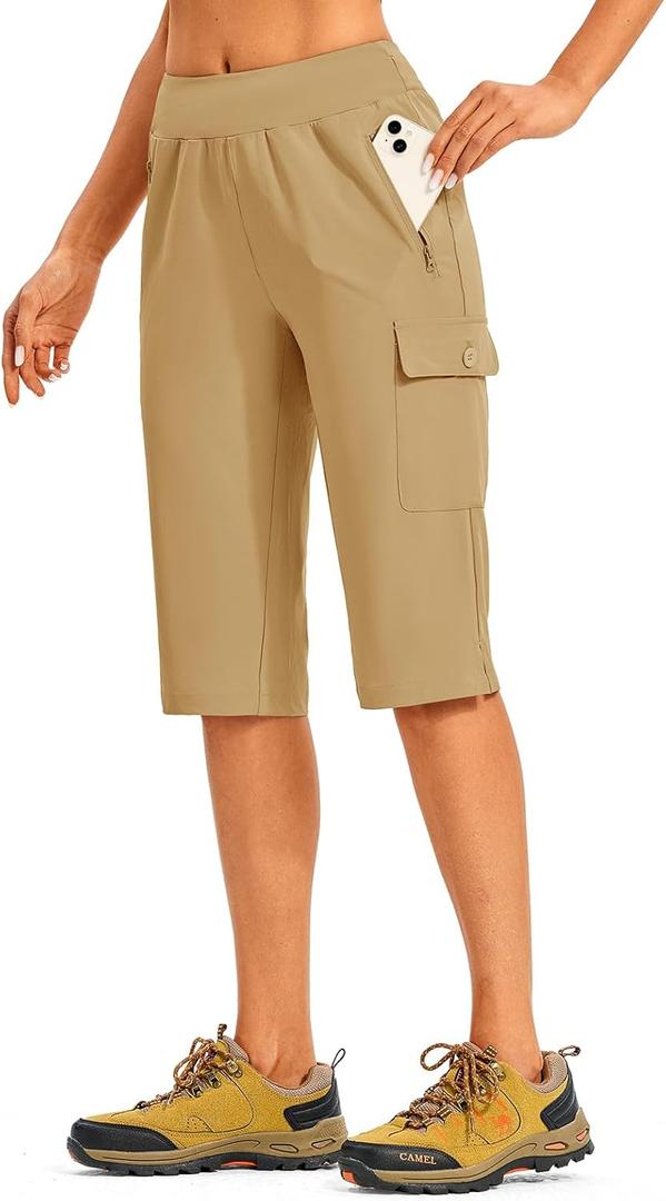 TBMPOY Womens 15" Long Hiking Shorts Below Knee Length Cargo Capri Bermuda Water Resistant Lightweight Stretch 3 Pockets (L)