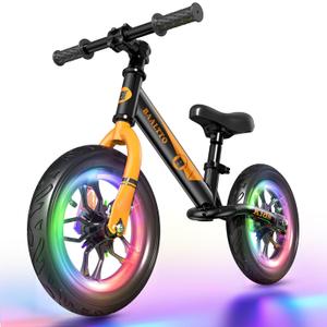 Balance Bike Rubber Tires, Metallic Paint, Colorful Lights, Mountain Bike Handlebars, and Integrated Stand - 12-Inch Wheel, Suitable for Boys and Girls Ages 2-7, (Black)