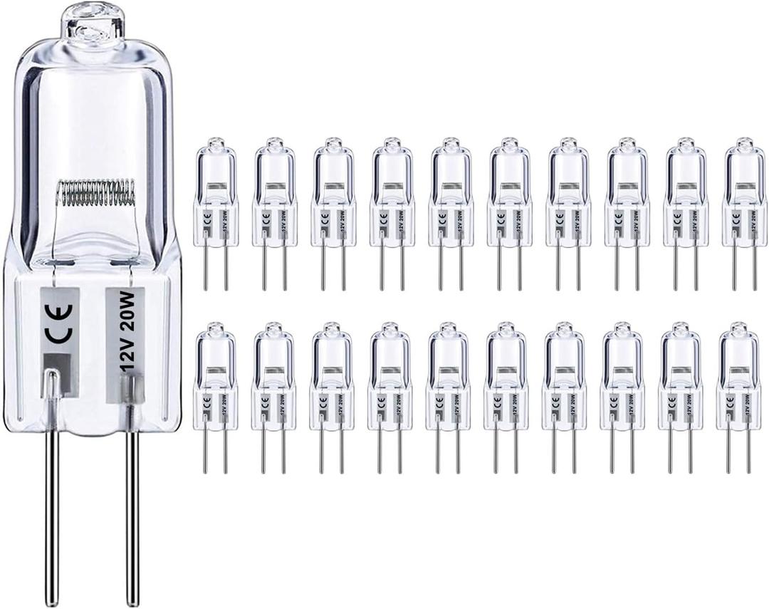 G4 Bulb, 20 Pack Halogen G4 12V 20W with G4 Bi-pin Base, High Output G4 Light Bulb 12V 300LM 3000Hrs Long Lifetime, G4 Dimmable, CRI100 & 2800K Warm White, G4 Halogen Bulb 20W for Cabinet Light Bulbs
