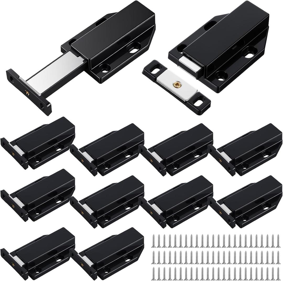 12 Pack Magnetic Push Latch Heavy Duty - Push to Open Cabinet Hardware, Touch Release Latches for Kitchen Drawers, Doors & Cabinets (Black)