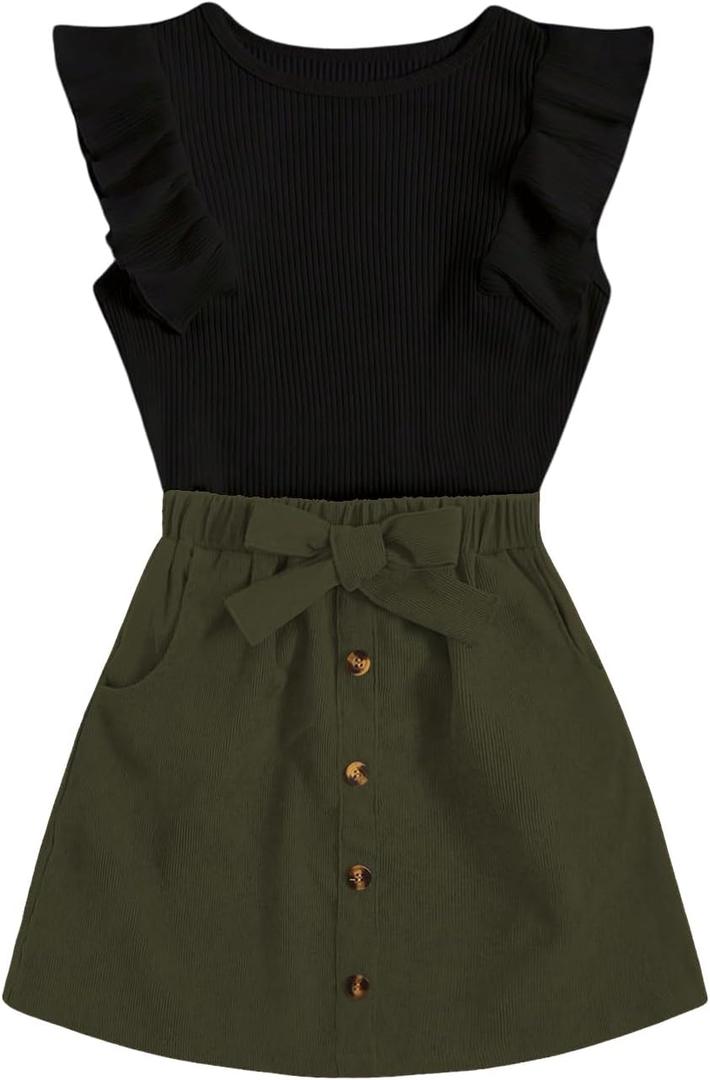 SHENHE 2pcs Girl's Skirt Outfits Ruffled Ribbed Cap Sleeve T Shirt and Button Down Tie Front Skirt Set (Black and Green) 12 Years