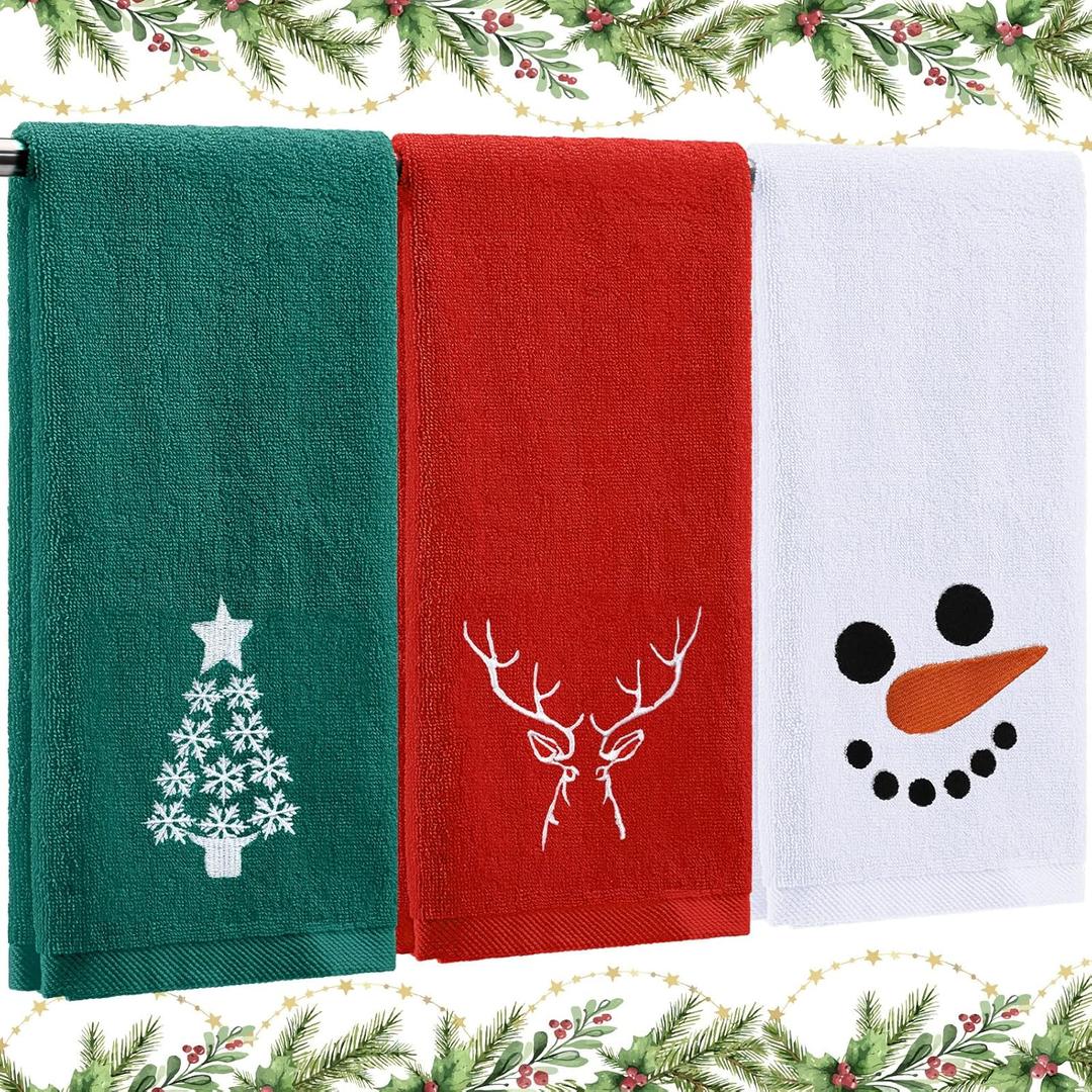 3 Pcs Christmas Hand Towels Set for Bathroom Green Christmas Tree White Snowman Red Elk Bath Towels Embroidered 100% Cotton Soft Absorbent Decor for Holiday Kitchen, 13.7 x 29.5''