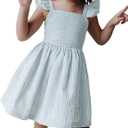 Saodimallsu Girls Summer Dress Spaghetti Strap cami Beach Sundress Spring Outfits for Kids Striped Dress Ruffle Sleeve (5-6 Years, Lake Green)