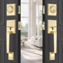 EHOMEWARE Brass Double Front Door Handle Set, Gold Heavy Duty Square Door Lever and Single Cylinder Deadbolt Combo for Side by Side Entrance Exterior Doors, Satin Brass Finish