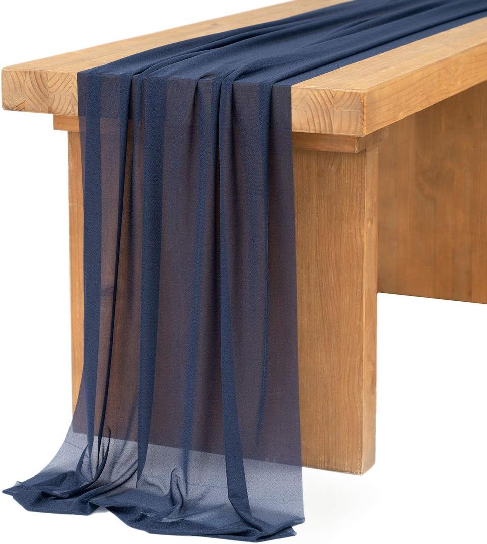 Ling's Moment 14Ft Navy Blue Sheer Chiffon Like Table Runner with Silver Sparkle for Rustic Boho Wedding Party Bridal Shower Decorations Birthday Party