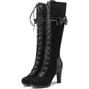 KysBloes Women Lace Goth Knee High Boots Buckle Block Heel Lace Up Knee Length Boots Punk Platform Tall Boots, Size 39