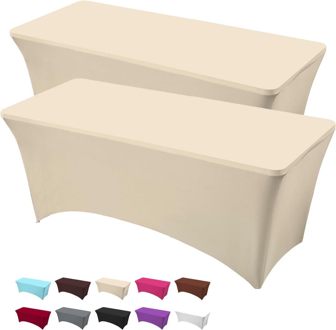 HZDHCLH Spandex Tablecloth 2 Pack 6FT Table Cover for Rectangular Tables Elastic Fitted Tablecloth Tight, Fitted, Washable and Wrinkle Resistant Protector for Party, Wedding, Banquet (Beige)