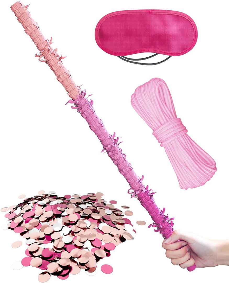 31 Inch Pinata Stick, Pink Piñata Stick with 5M Rope, Blindfold, and Pink Confetti, for Kids Birthday Pinata Party