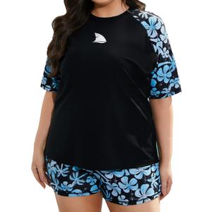 Women's Plus Size Short Sleeve Rash Guard Sets Swim Shirts with Shorts Two Piece Swimsuit UPF50+ (2X, Black/Green Floral)