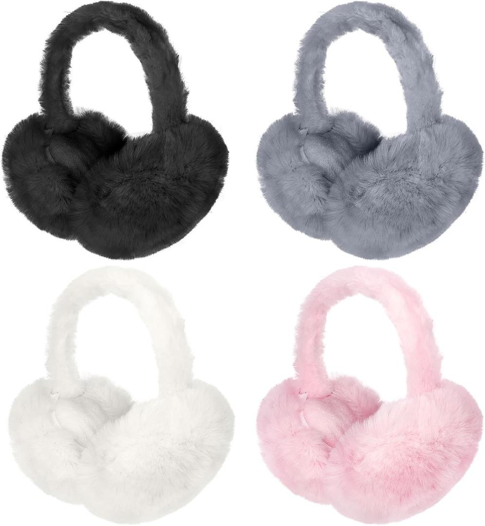Vegove 4pcs Fuzzy Ear Muffs for Women, Foldable Faux Fur Ears Warmer Fluffy Outdoor Cute Earmuffs Winter Accessories (White/Black/Dark Grey/Pink)