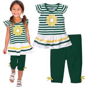 LUKYCILD Baby Girls Summer Clothes Casual Clothing Suit Short Sleeve Striped T-Shirt +Pants (Green)