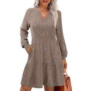 IWD Womens V Neck Long Sleeve Dress with Pockets Casual A-Line Knee Length Fall Knit Sweater Dresses 2025 (Beige, M)