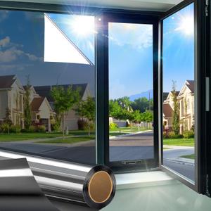 One Way Window Privacy Film See Out Not in, Window Tint for Home, Reflective Mirror Glass Windows Coverings Sun Heat UV Blocking, Black-Silver, 35.4 Inch x 157.4"