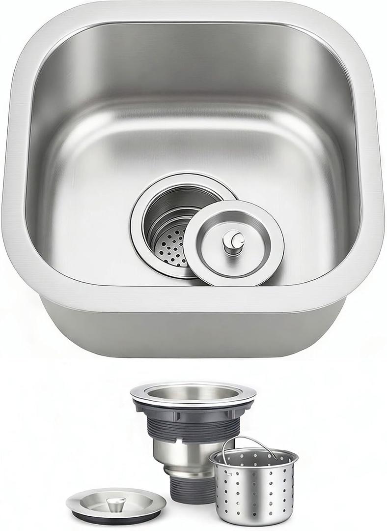 ORLANDO 13x13 inch Undermount Bar Sink – 18 Gauge 304 Stainless Steel Single Bowl small Kitchen Sink with Basket Strainer for Wet Bar, RV & Kitchen Island, 13-3/8''x13-3/8''x7''