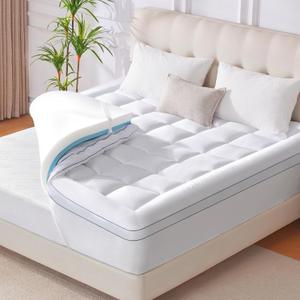 King Memory Foam Mattress Topper, 4 Inch Dual Layer Mattress Pad with Pillow Top Mattress Topper King Size Bed Cover, Support for Back Pain (White)