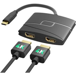 USB C to Dual HDMI Adapter | 4K@60Hz | HDMI Splitter Extended Display for Windows & MacBook Pro/Air, HP, Dell, Lenovo
