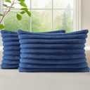 decorUhome Cozy Faux Fur Throw Pillow Covers 12x20 Set of 2 Decorative Soft Plush Striped Lumbar Modern Farmhouse Boho Couch Pillow Cases with Velvet Back for Sofa Bed Living Room, Blue