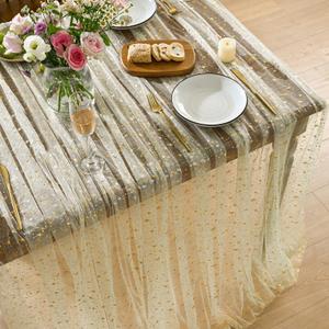 Horaldaily Beige Gold Sparkling Star Gauze Tablecloth 52x70 Inch Rectangular, Golden Star Sequin Glitter Metallic Foil, Sheer Tulle Cheesecloth for Wedding Baby Shower Party