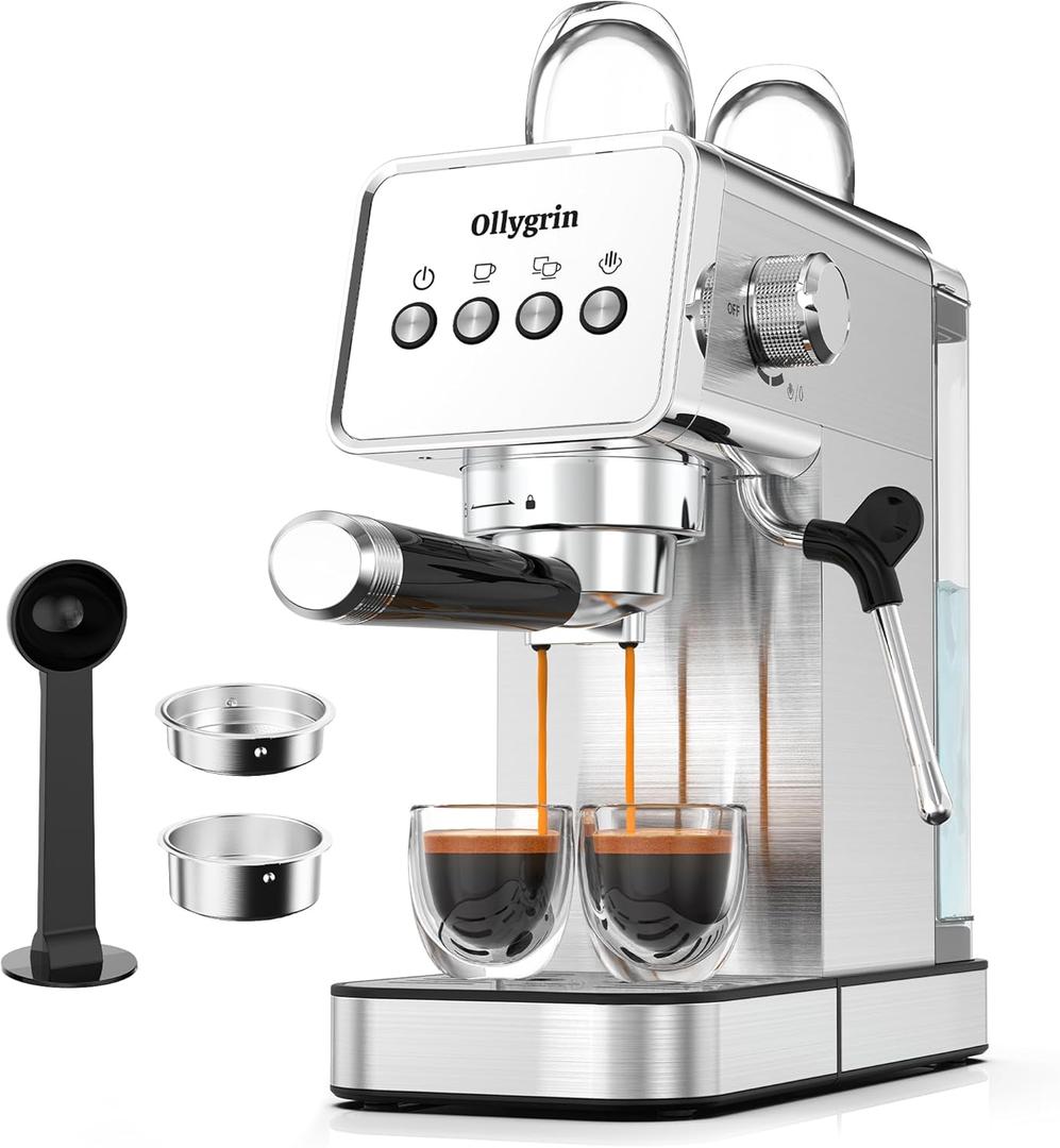 20 Bar Espresso Machine with Steam Wand - Dual Shot Espresso Maker, Precise Pre-Infusion, Large Detachable Tank & Drip Tray, Cup Warming Tray